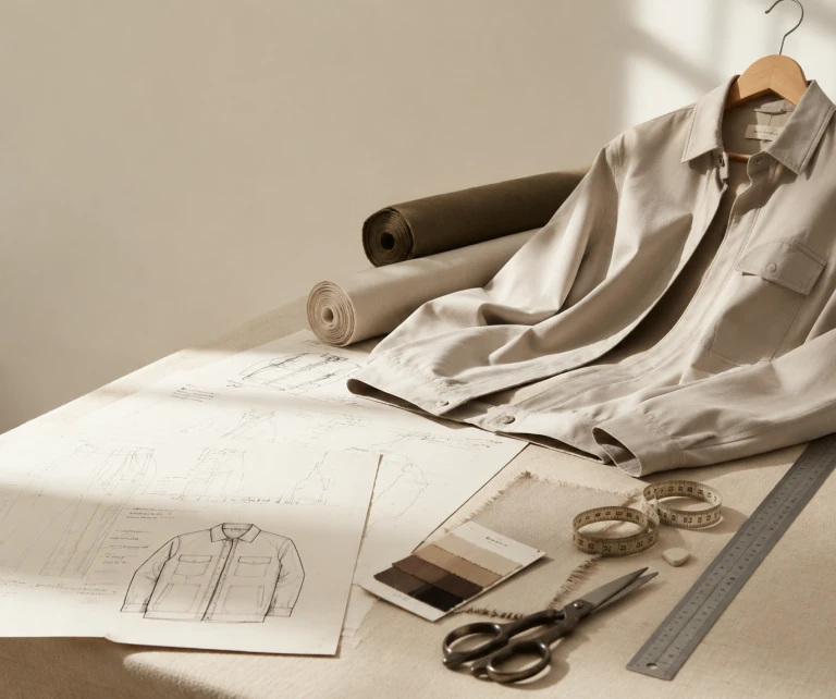 Garment on a cutting table beside pattern-making tools