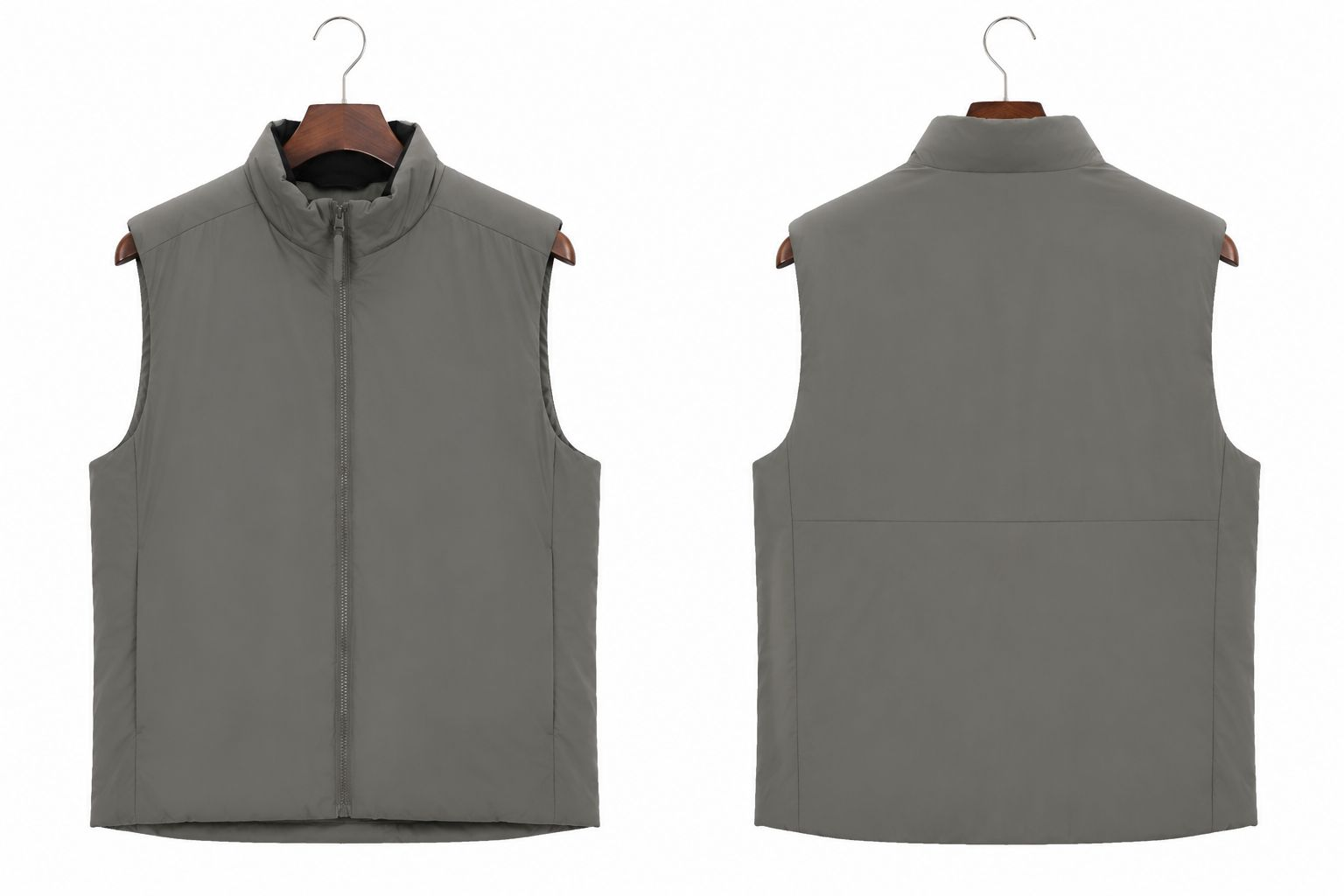 Grey zip-front stand-collar vest, front and back views