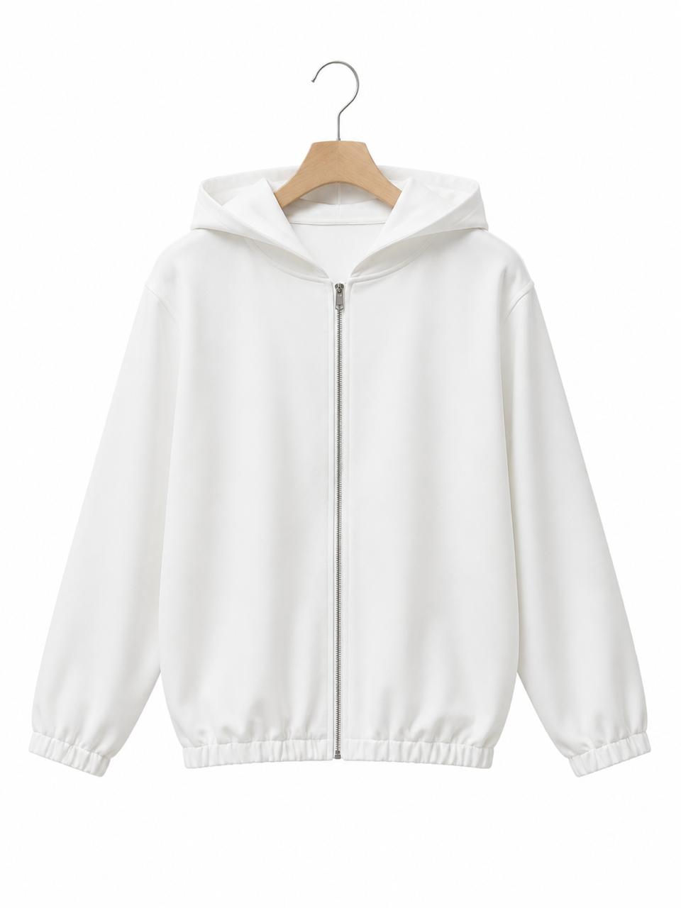 White hooded jacket with a front zipper