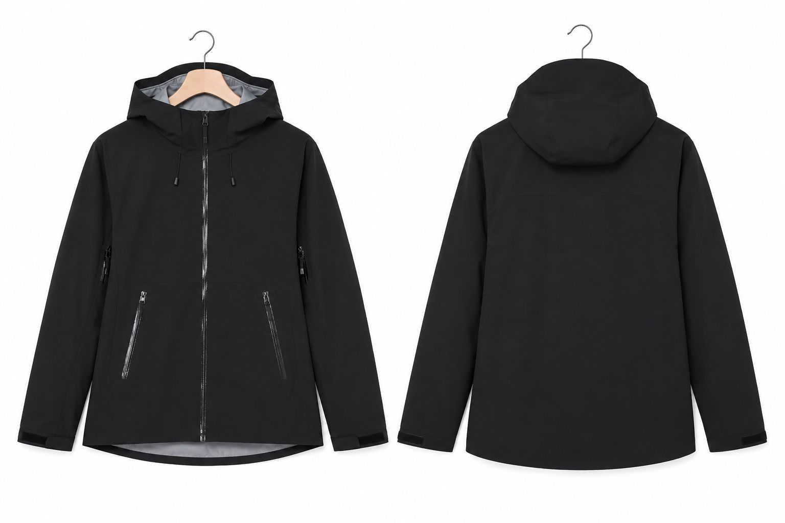 Black hooded windbreaker, front and back views