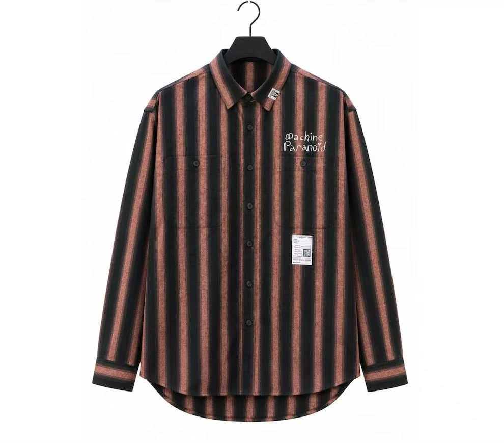 Dark long-sleeve striped shirt with chest lettering