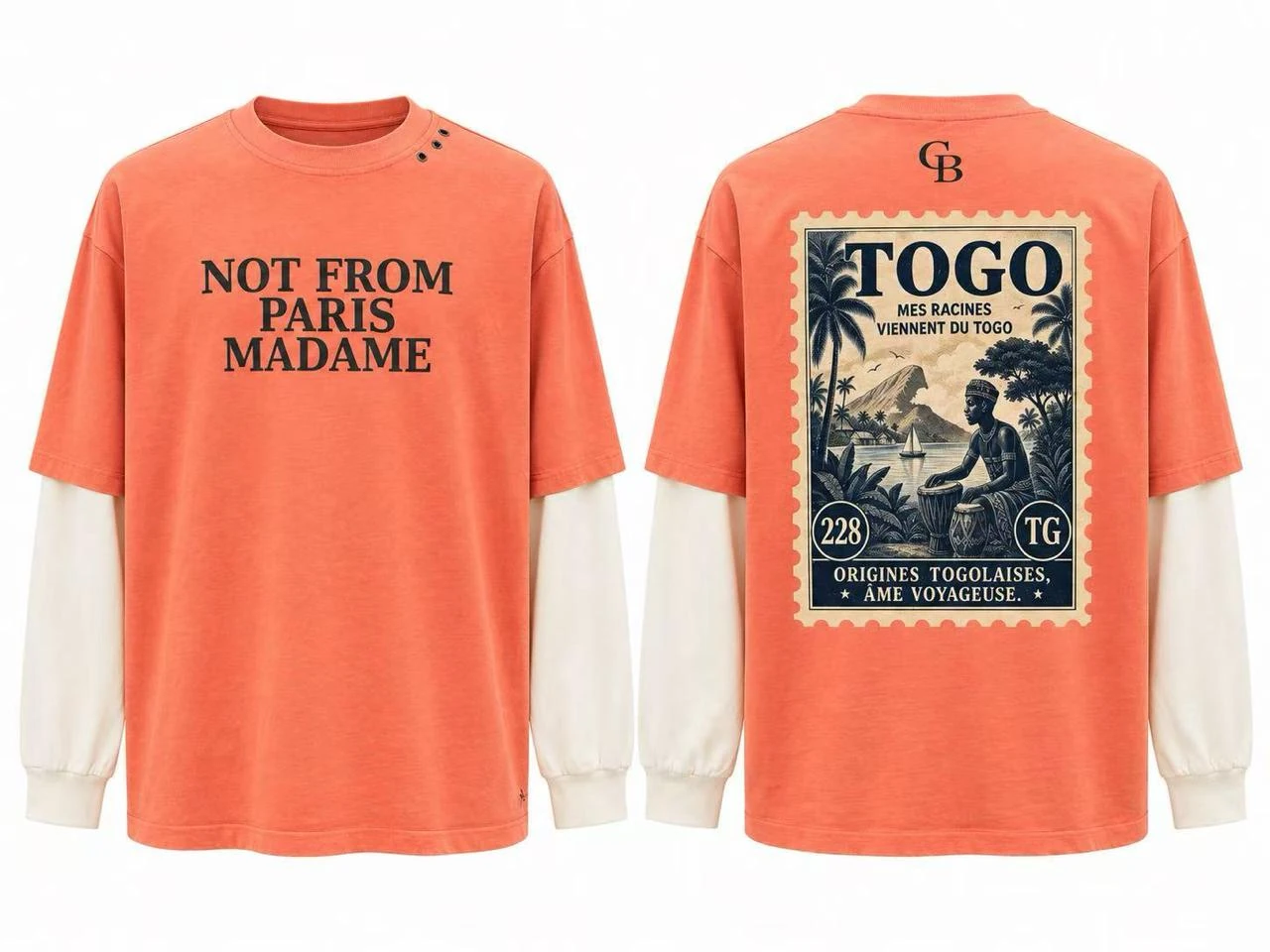 Coral layered graphic T-shirt, front and back views
