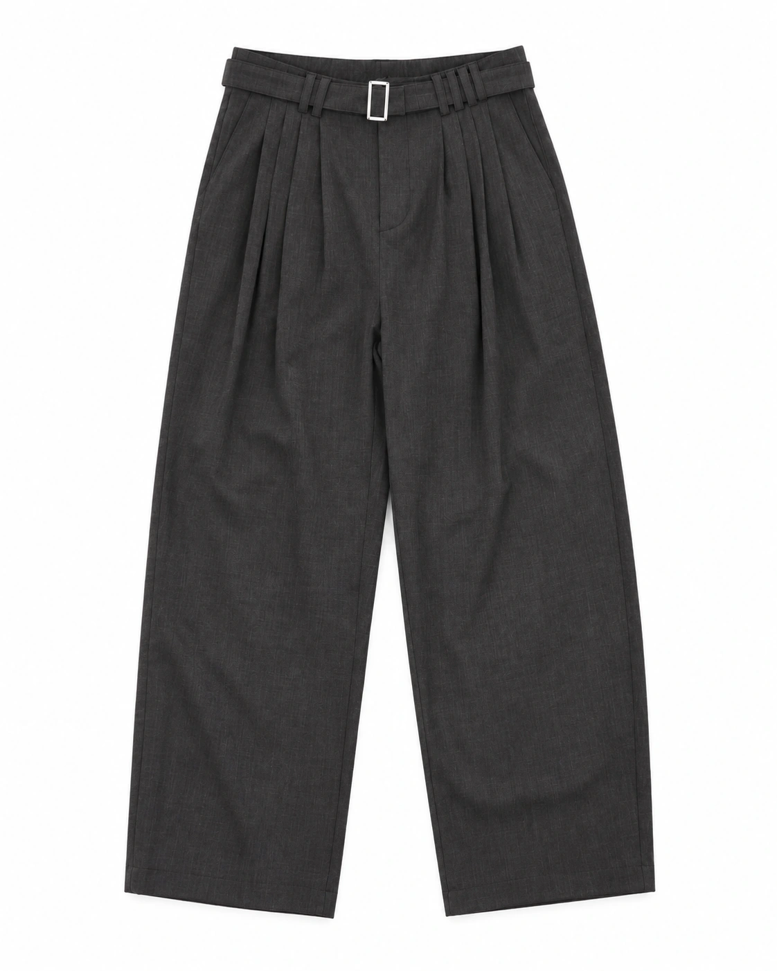 Belted Pleated Wide-Leg Trousers — charcoal, front view; front pleats, matching belt, rectangular buckle and wide legs