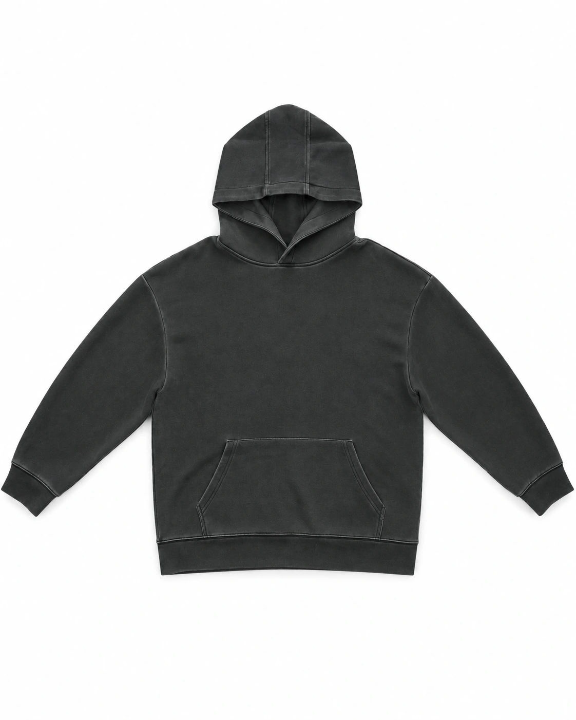 Black Pullover Hoodie — black, front view; pullover hood, dropped shoulders, kangaroo pocket and ribbed edges