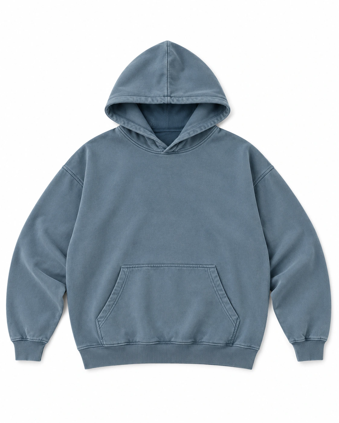 Relaxed Pullover Hoodie — muted blue, front view; drawcord-free hood reference, dropped shoulders, kangaroo pocket and ribbed edges