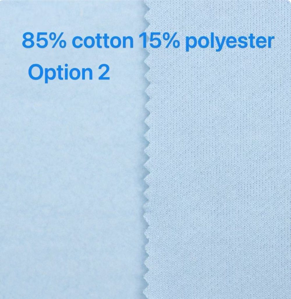 Brushed fleece hoodie fabric showing its fuzzy inner surface and smooth knit face