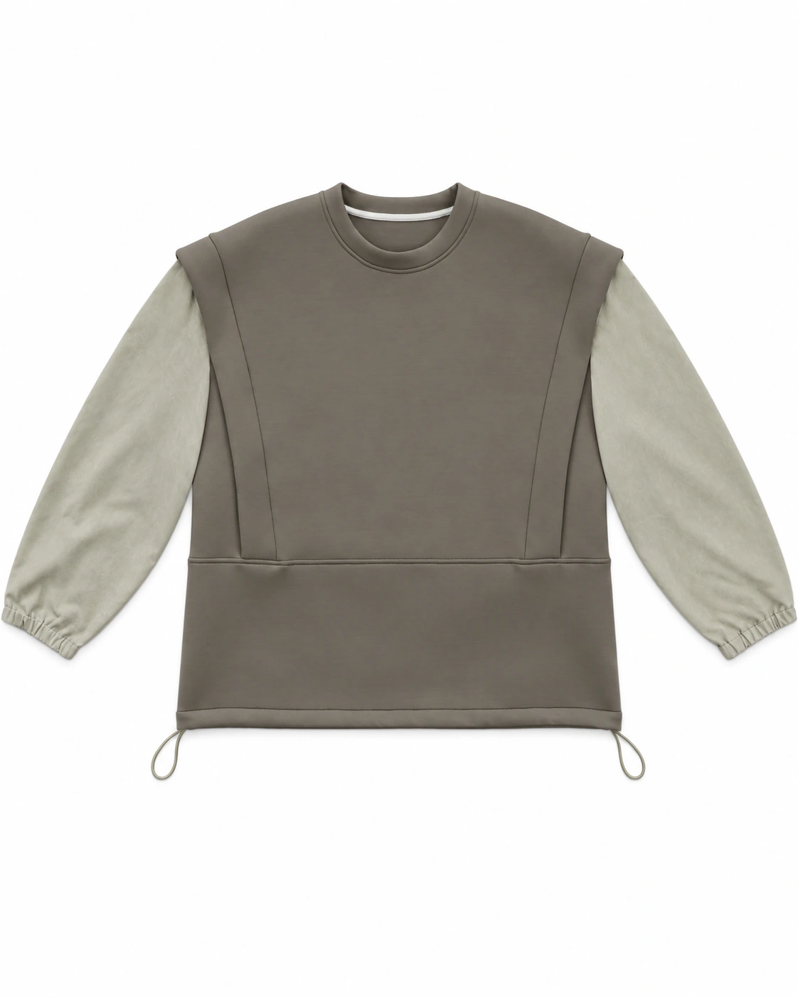 Contrast-Sleeve Crewneck Sweatshirt — taupe with light sleeves, front view; crewneck, contrast sleeves, body panels and hem cord loops