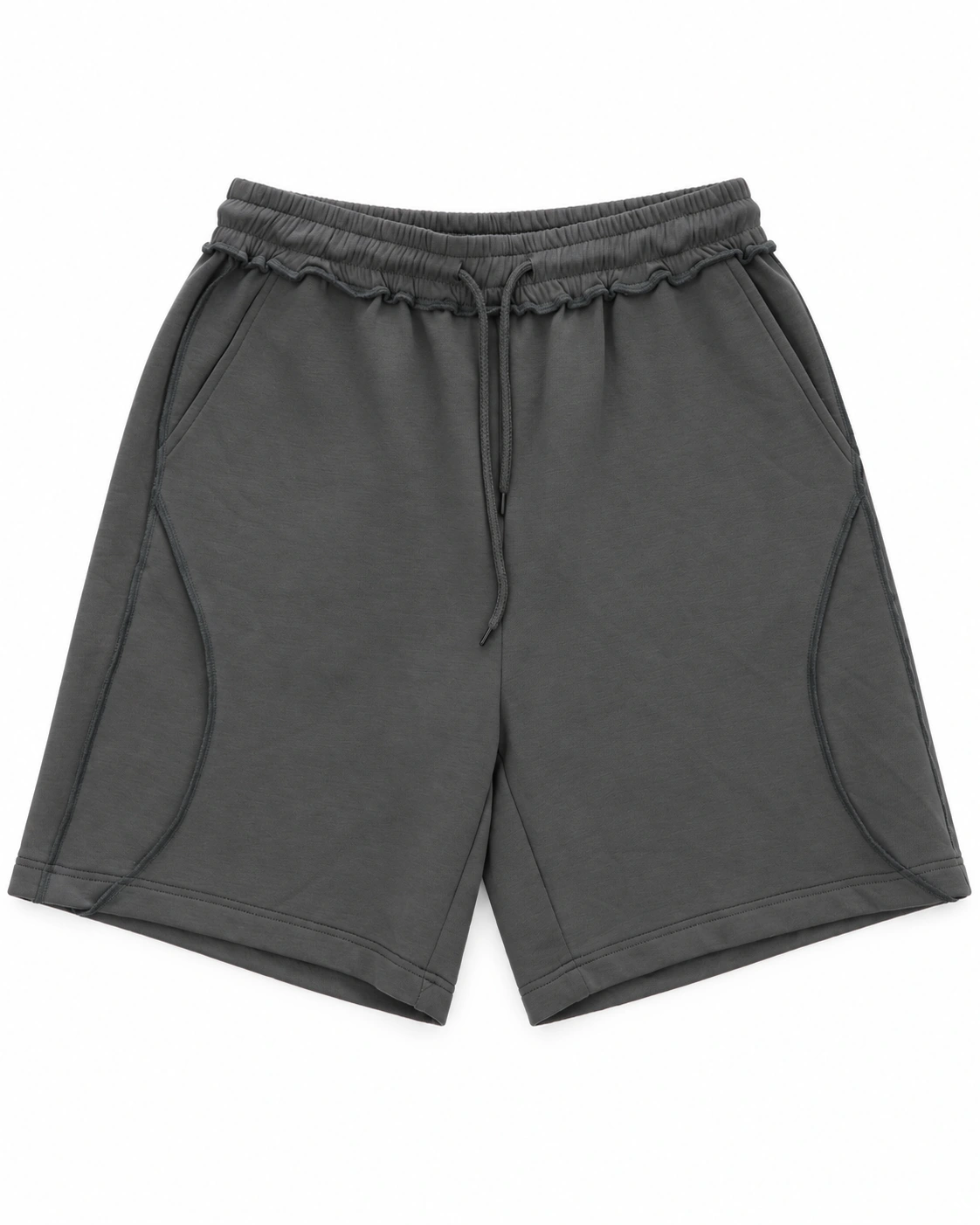 Curved-Panel Sweat Shorts — dark grey, front view; elastic drawstring waist, curved panels and relaxed legs