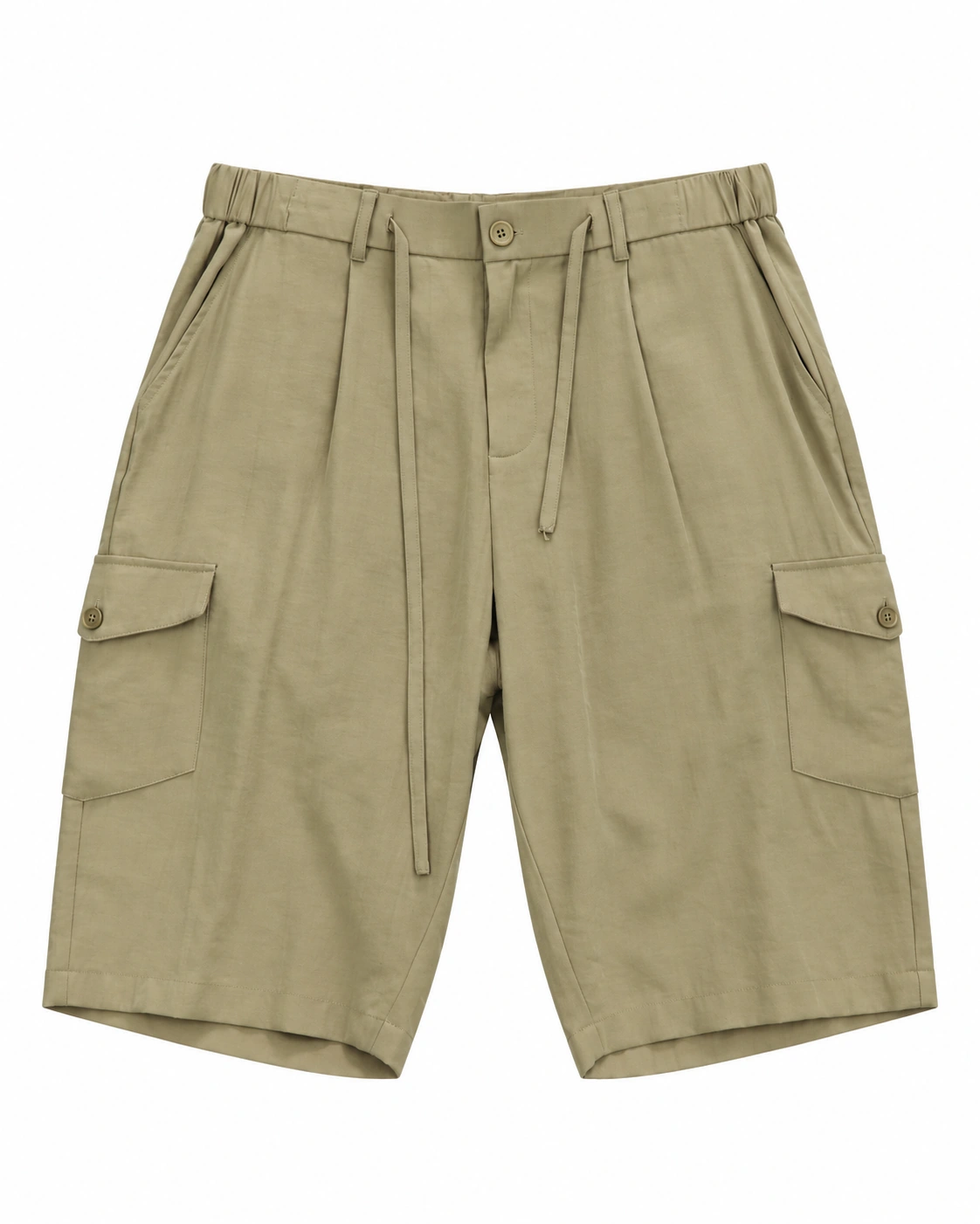 Drawstring Cargo Shorts — khaki, front view; buttoned cargo flaps, slanted pockets, belt loops and drawcords