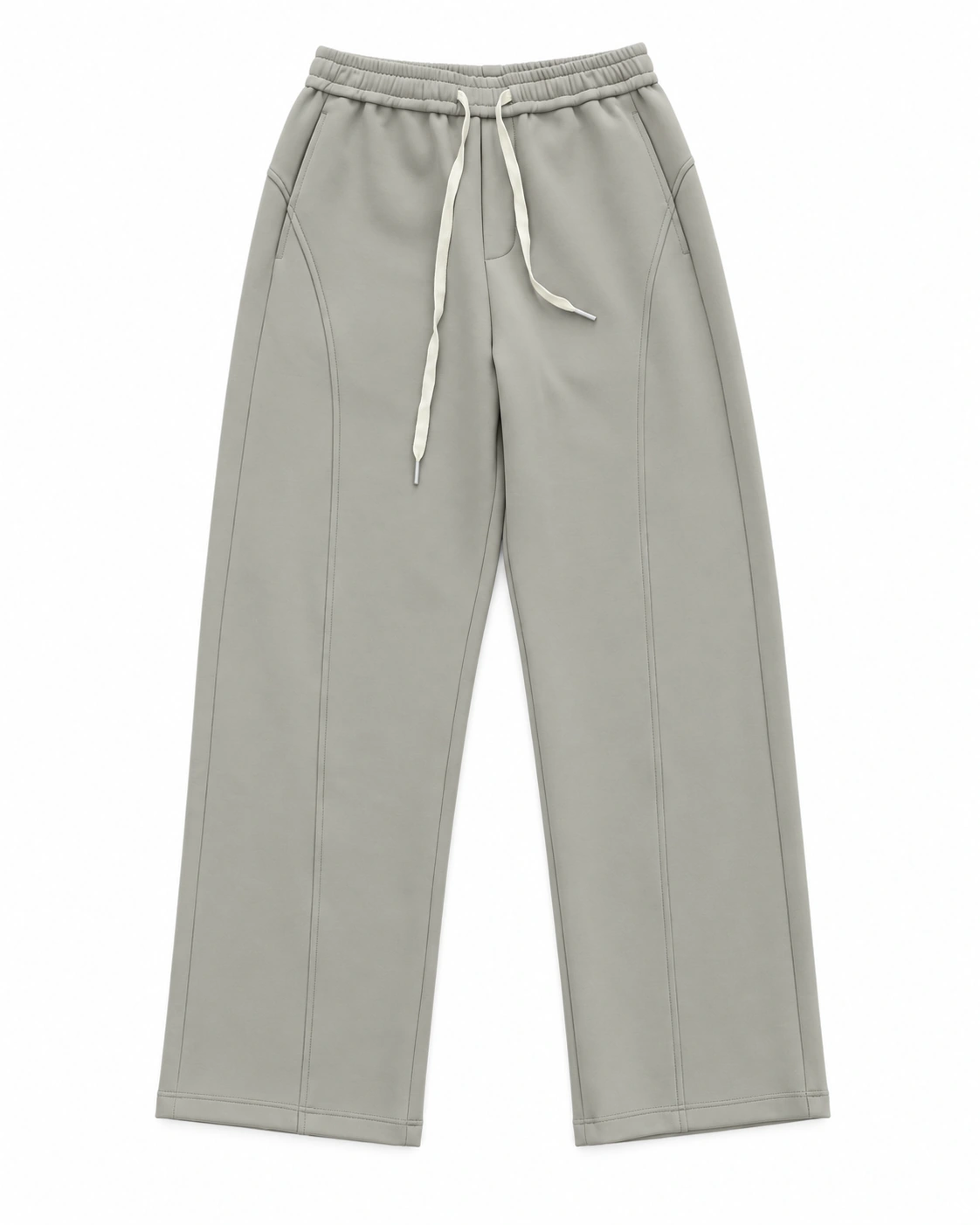 Drawstring Straight-Leg Trousers — light grey-green, front view; elastic waistband, front drawcord and straight full-length legs