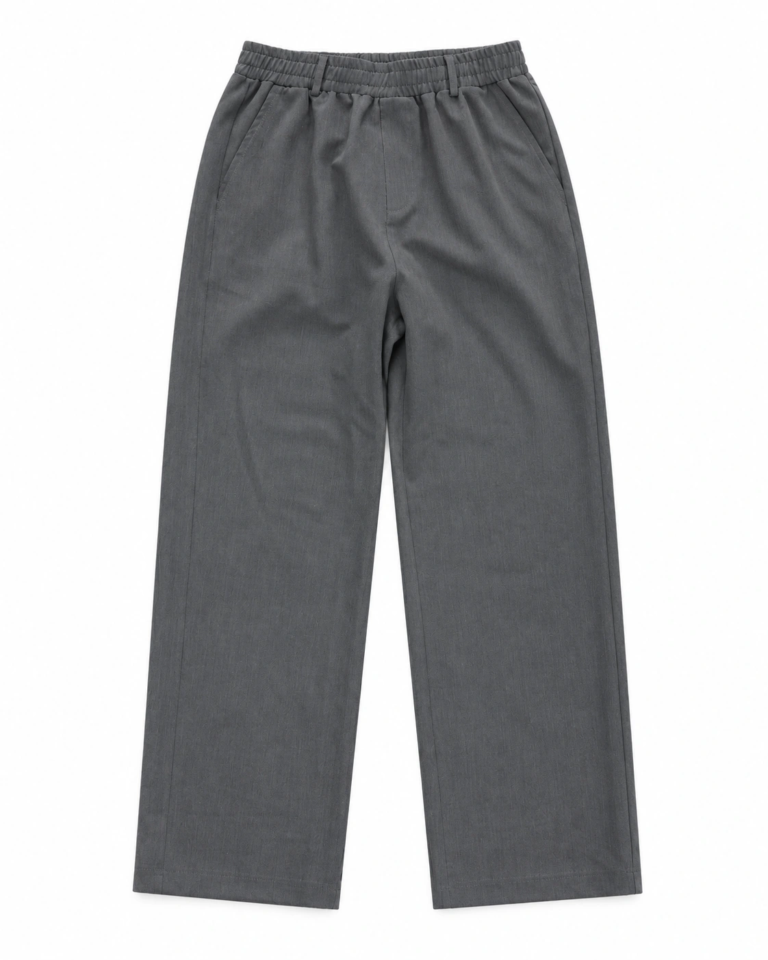 Elastic-Waist Relaxed Trousers — dark grey, front view; gathered elastic waist, belt loops, side pockets and relaxed straight legs