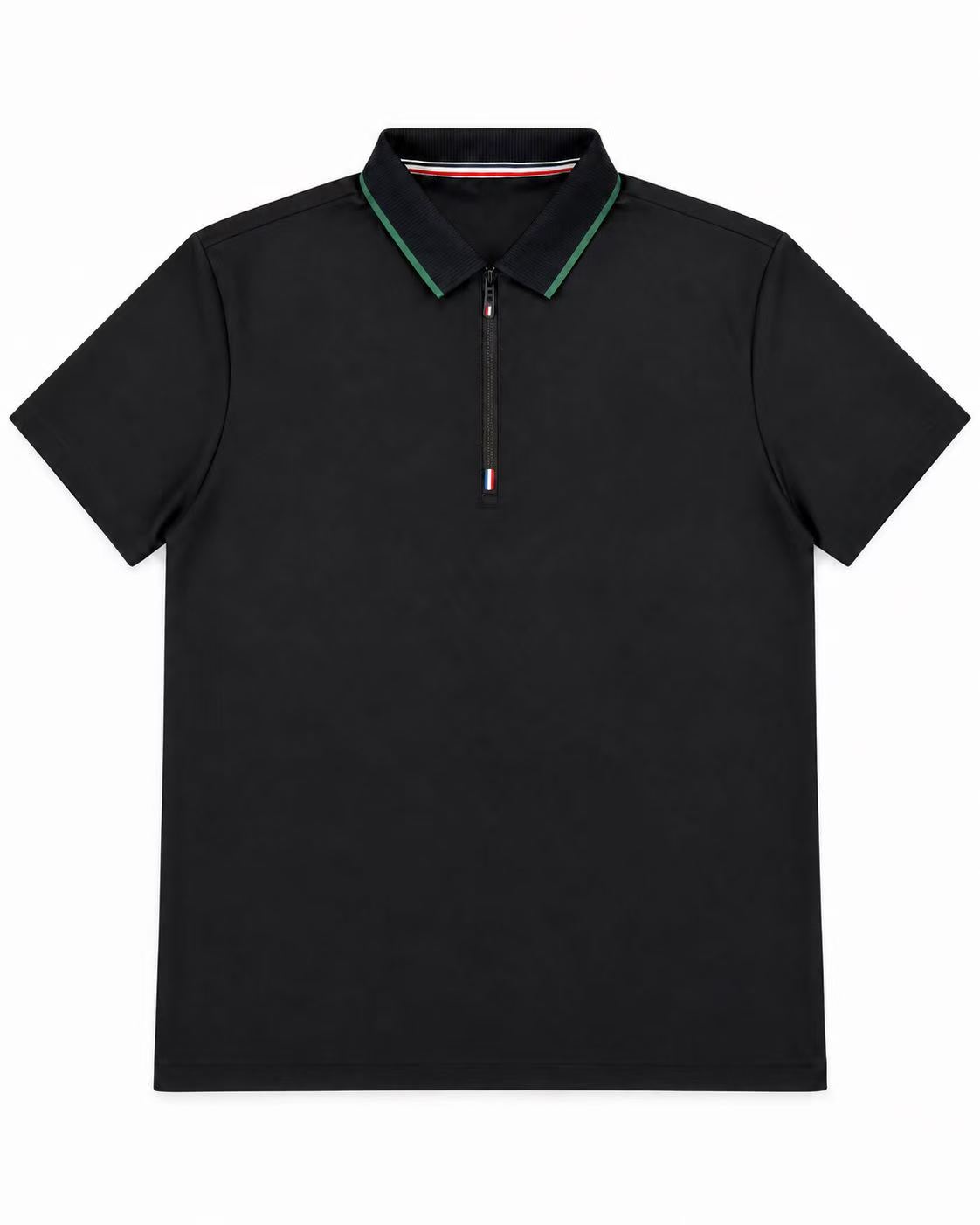 Black short-sleeve polo with a zip opening and green-trimmed collar