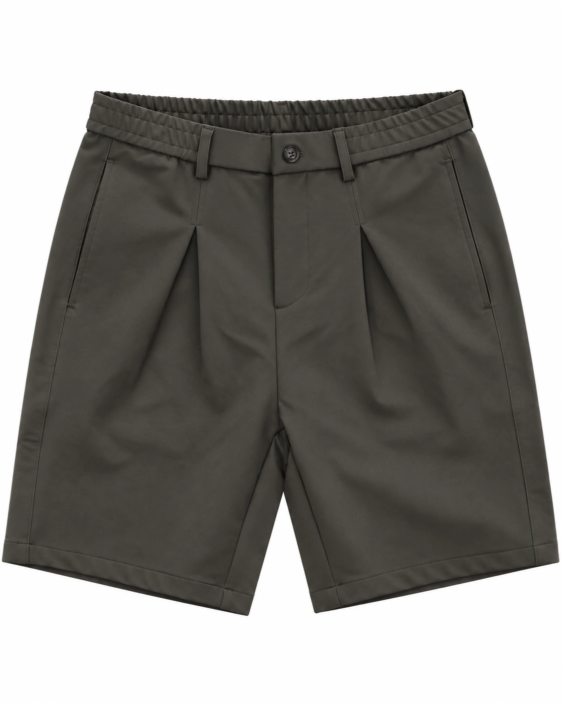 Pleated Relaxed Shorts — dark charcoal, front view; front pleats, buttoned waistband, belt loops and wide leg openings