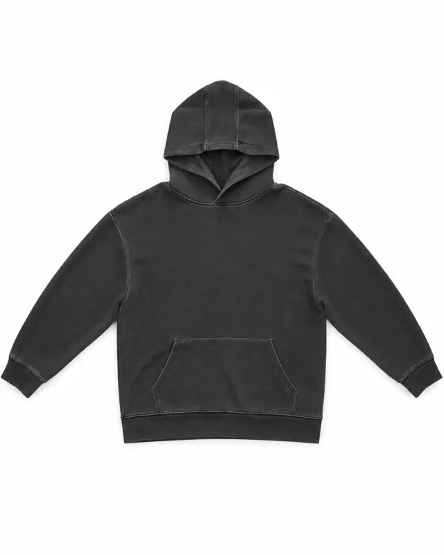 Black panelled pullover hoodie sample, shown as a product development reference