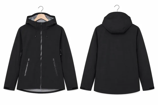 Black lightweight hooded jacket sample with front and back views